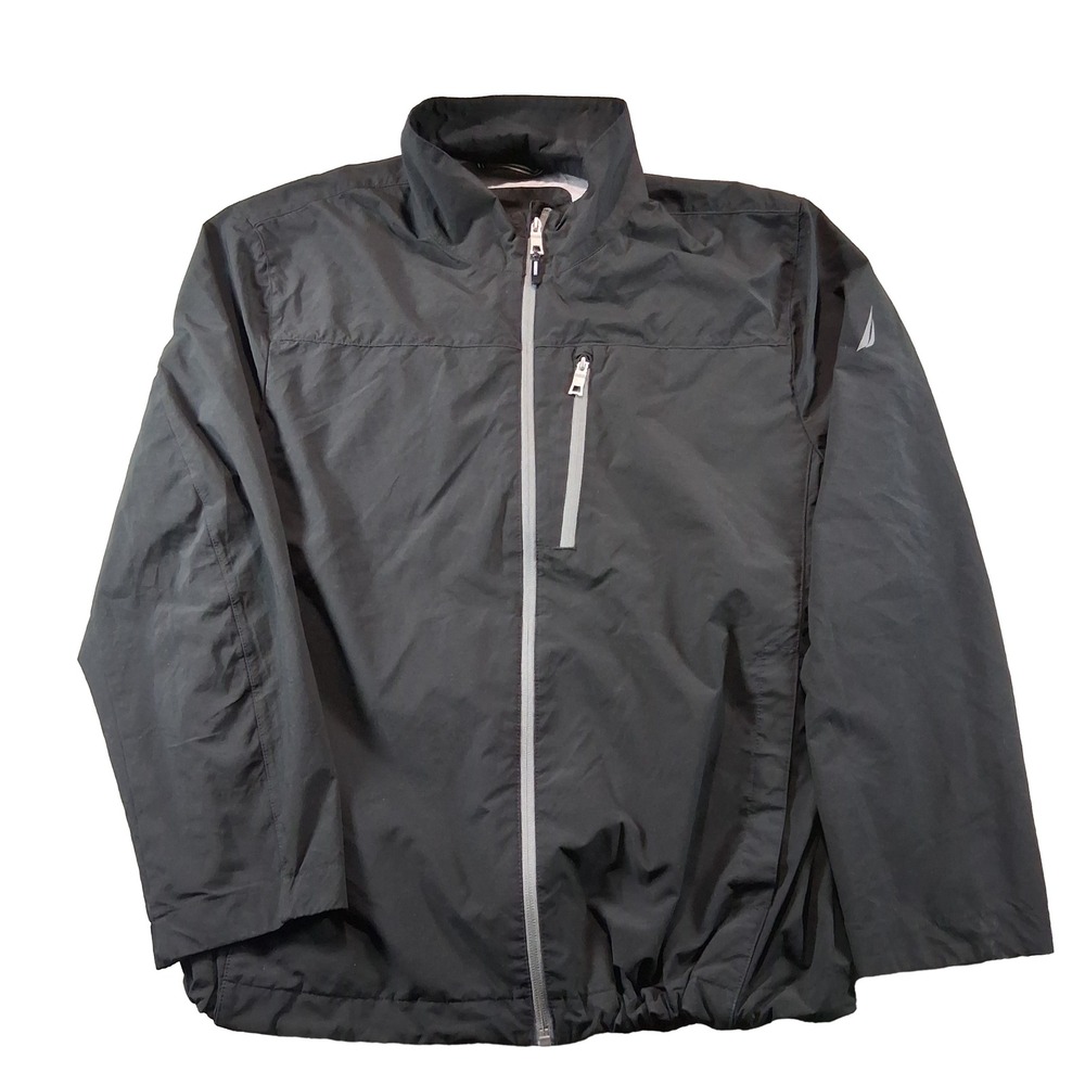 Nautica Windbreaker Jacket Mens L Black Water Resistant Full Zip Chest Pocket